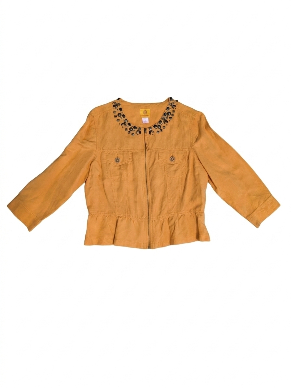 Ruby Rd Jacket Womens 8 Yellow Linen Blend Embellished Beaded Peplum Fall